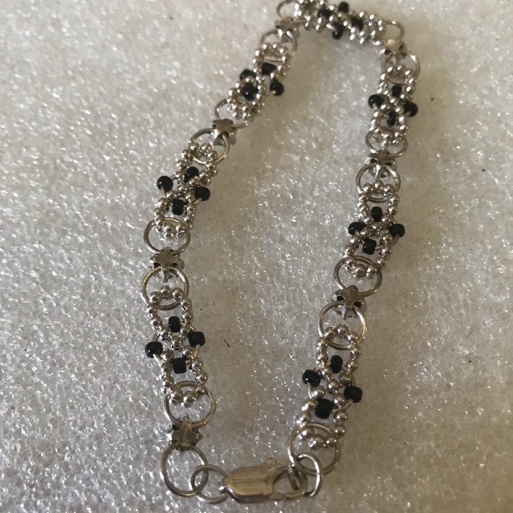 Silver and Black Beaded Link Bracelet - Women Jewelry